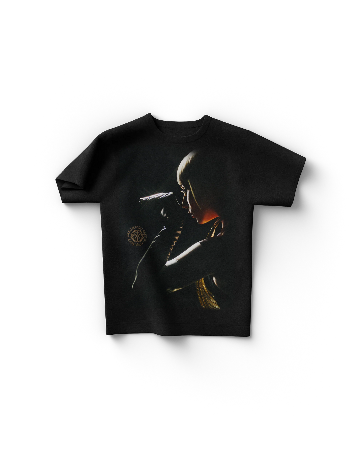 "Lady Gaga Babble On Chromatica Ball black T-shirt with dramatic side-profile graphic and tour emblem in gold lighting"