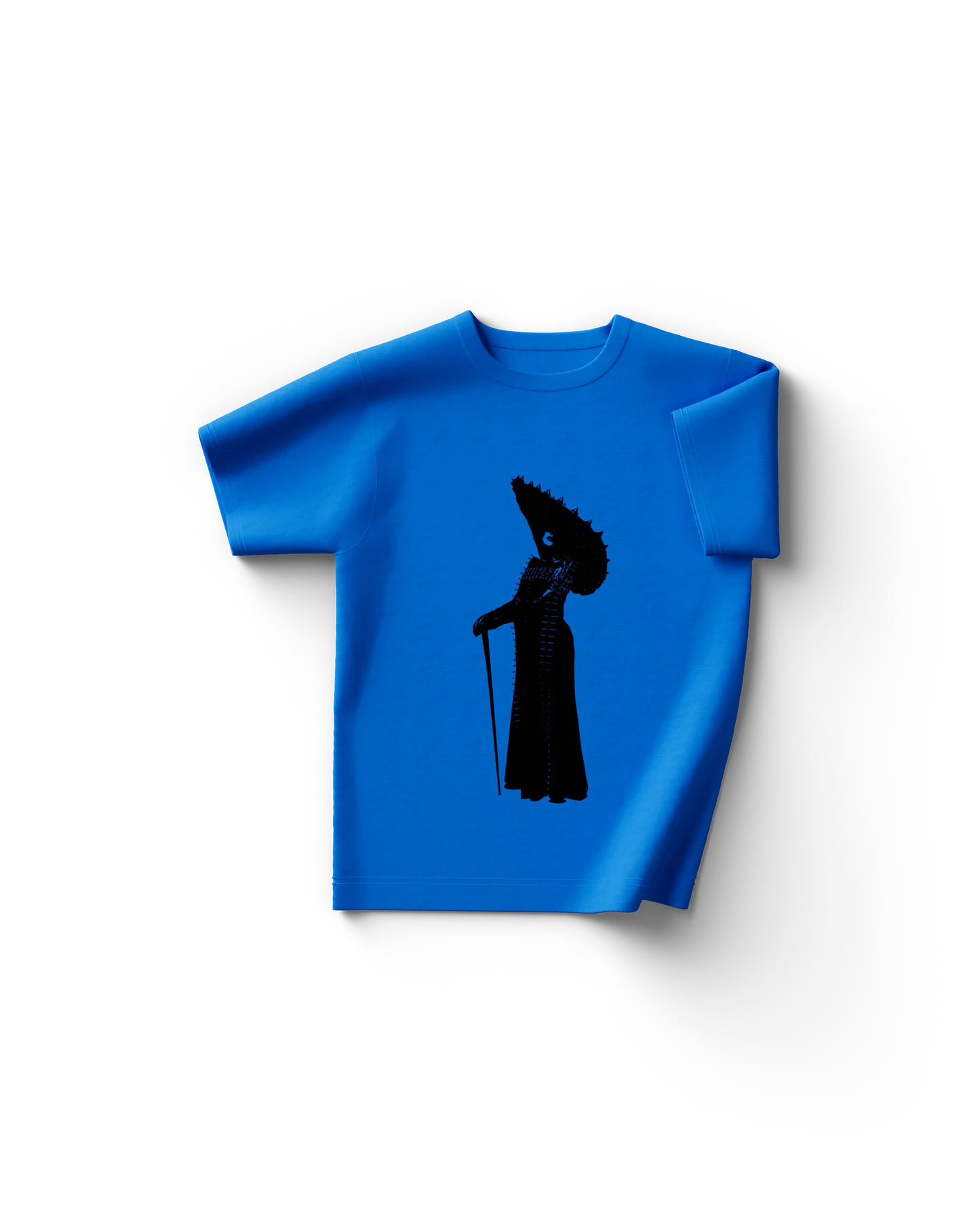 Bright blue Lady Gaga t-shirt with black silhouette of Gaga in spiked headpiece and gown holding cane