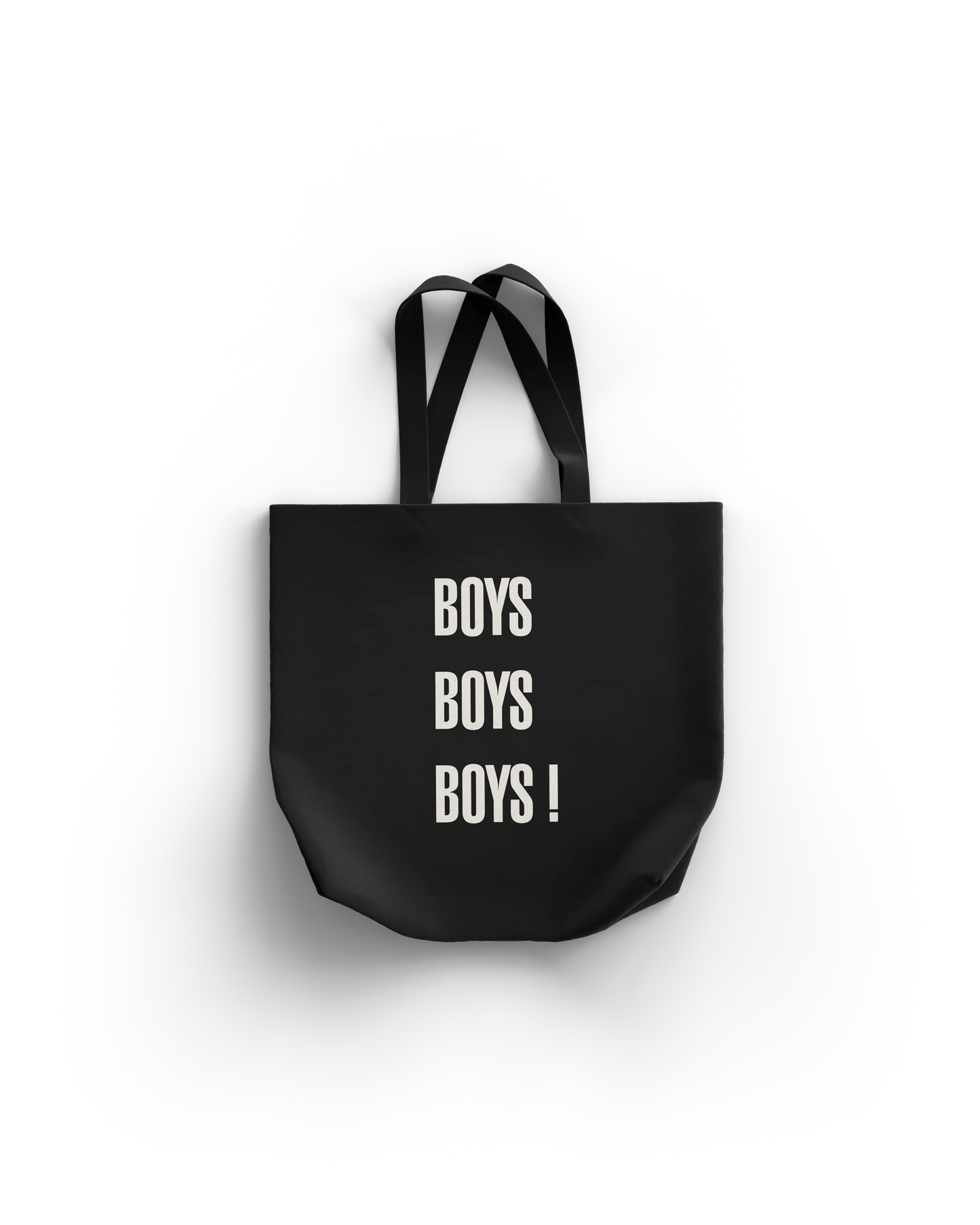 black Lady Gaga tote bag with stacked "BOYS BOYS BOYS!" text in bold white letters