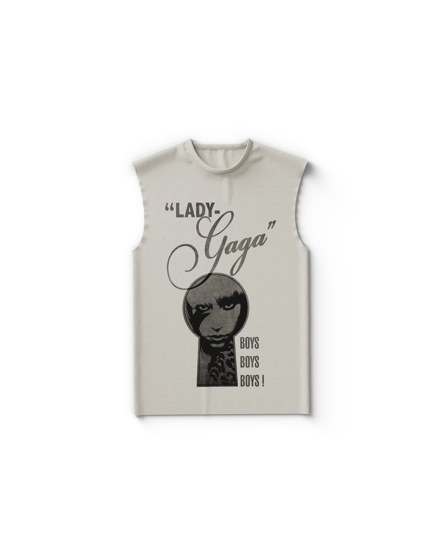 Cream Lady Gaga tank top with keyhole cutout graphic of Gaga’s face and “Boys Boys Boys!” text