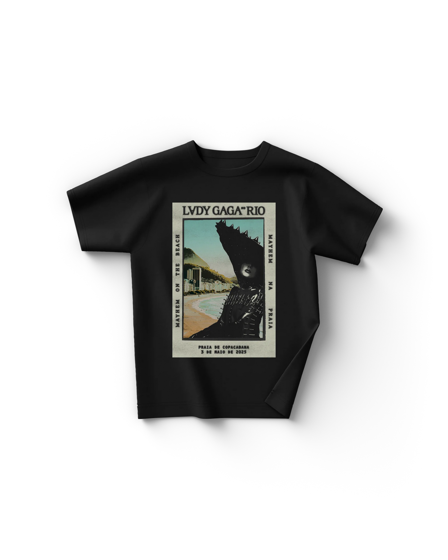 Black Lady Gaga Rio poster t-shirt featuring vintage Copacabana beach scene and Gaga in black spiked headpiece