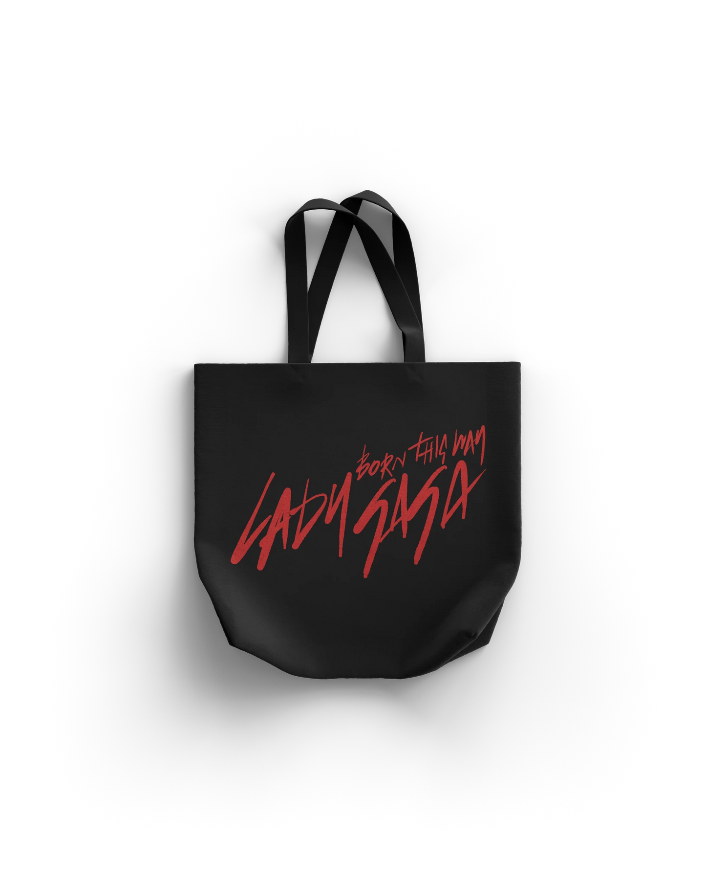 Black Lady Gaga Born This Way tote bag with red handwritten script logo design