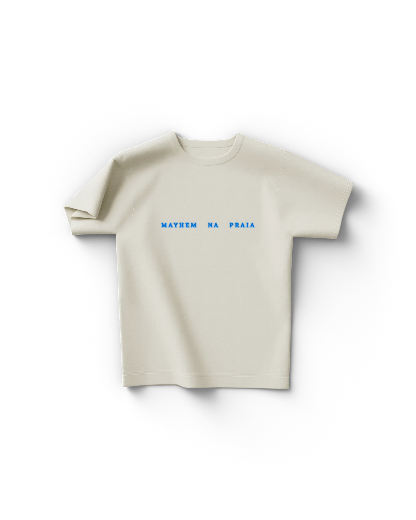 Cream Lady Gaga t-shirt with blue MAYHEM NA PRAIA tour text on chest