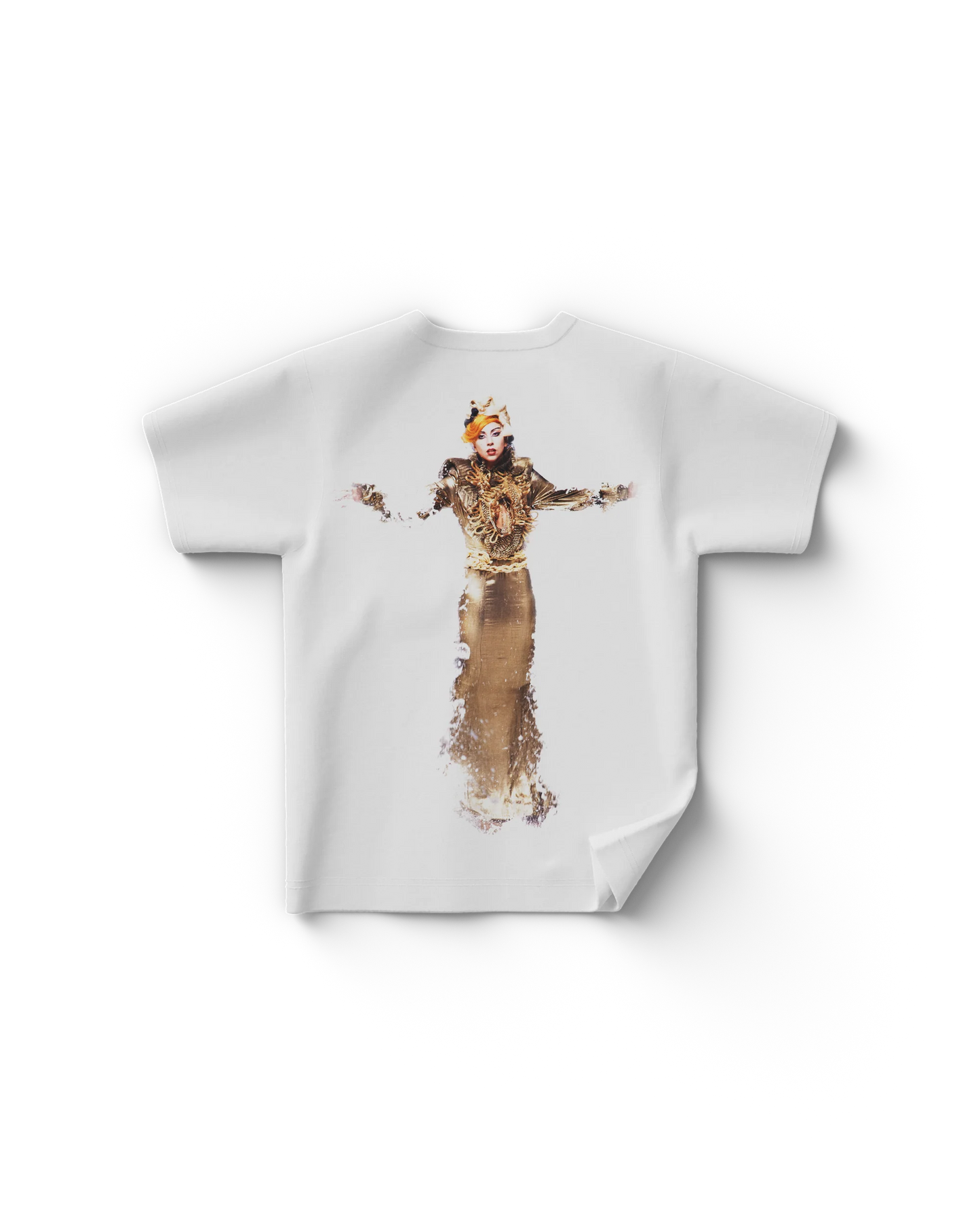 Lady Gaga Judas t-shirt back view featuring full-body gold outfit photo and stylized artwork from Born This Way