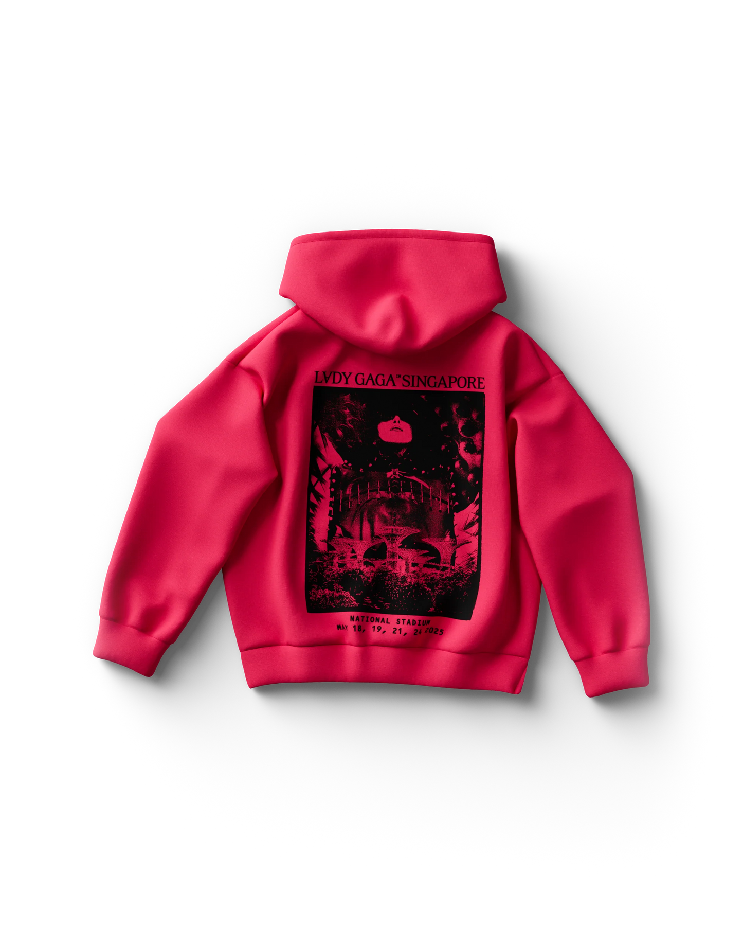 Back of bright pink Lady Gaga hoodie with black artwork showing Singapore’s National Stadium and Gaga's face in a moody, atmospheric collage. Text at the top reads “LADY GAGA™ SINGAPORE,” with tour dates—May 18, 19, 21, 24, 2025—printed at the bottom.
