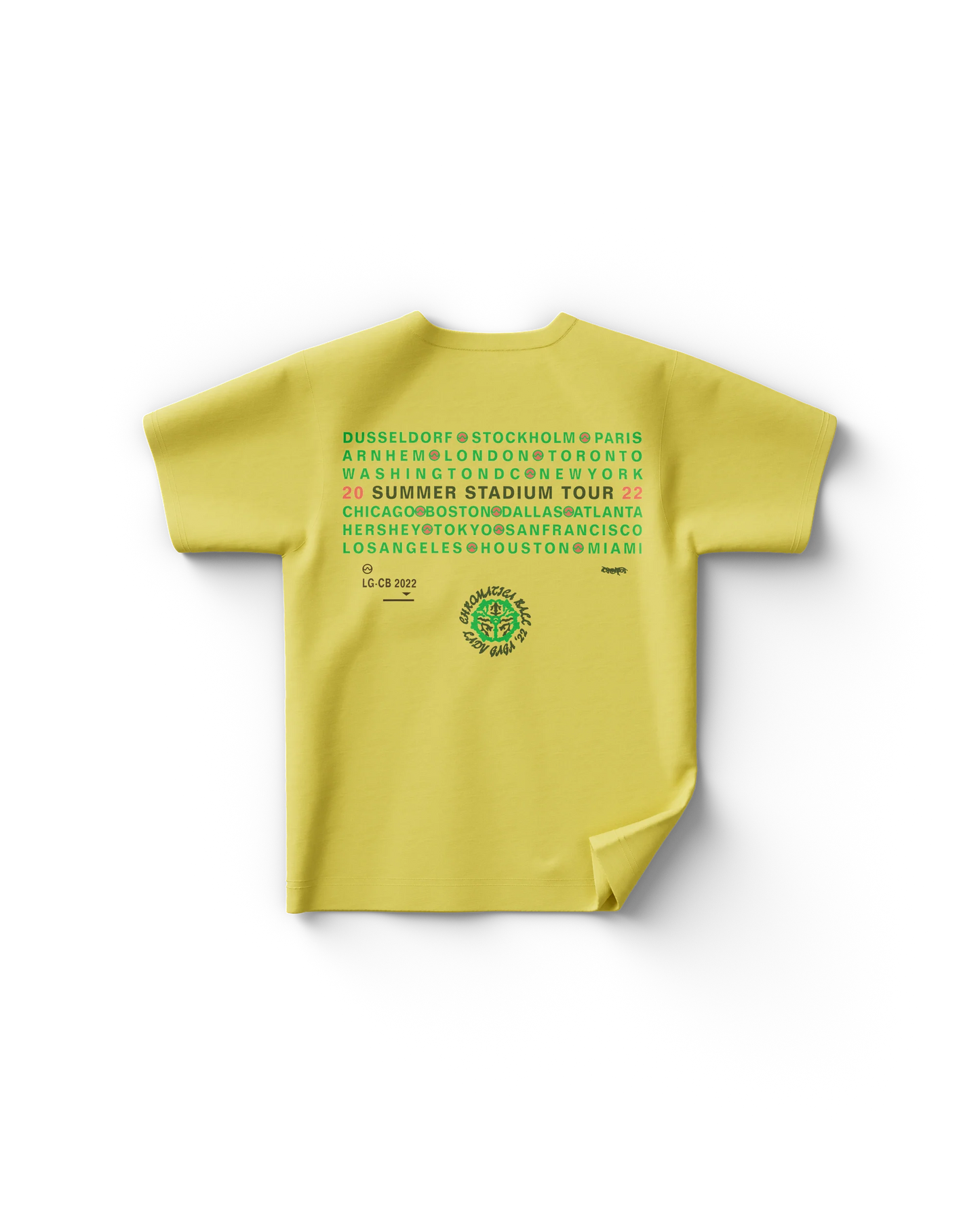 Back of yellow Lady Gaga t-shirt with Chromatica Ball stadium tour cities listed in green text and logo graphic