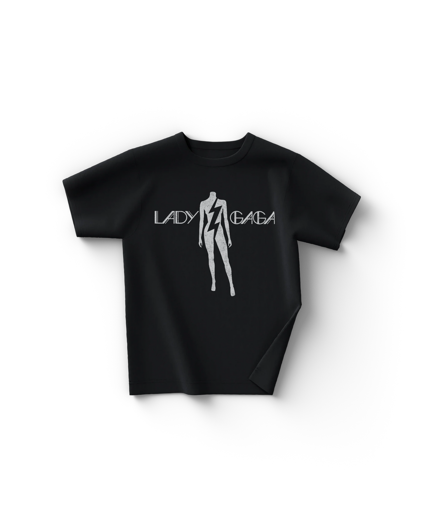 Black Lady Gaga The Fame t-shirt with silver lightning bolt silhouette graphic and stylized logo text