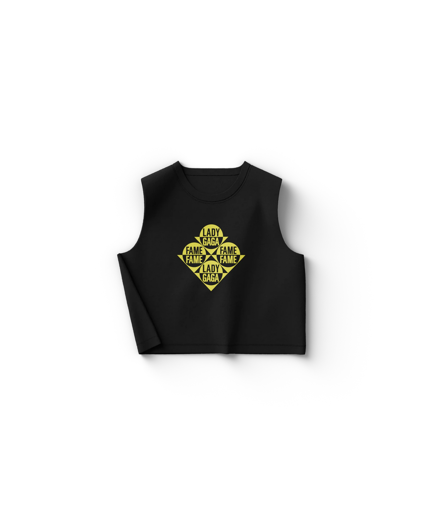 Black cropped Lady Gaga tank top with stacked yellow The Fame hazard-style logo in diamond shape