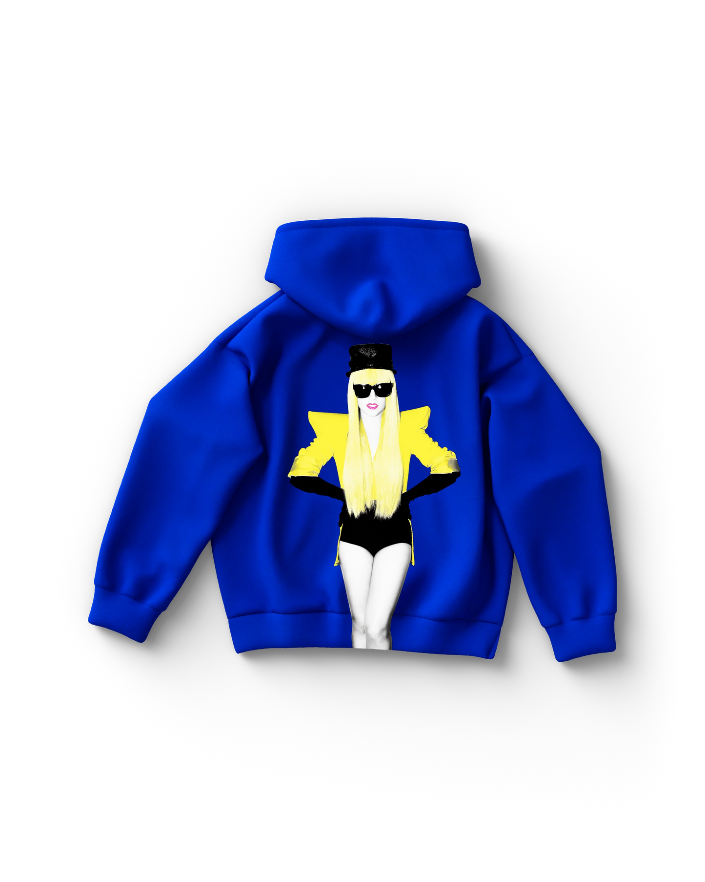 Blue hoodie featuring full-body Lady Gaga graphic in yellow jacket and black shades from The Fame era