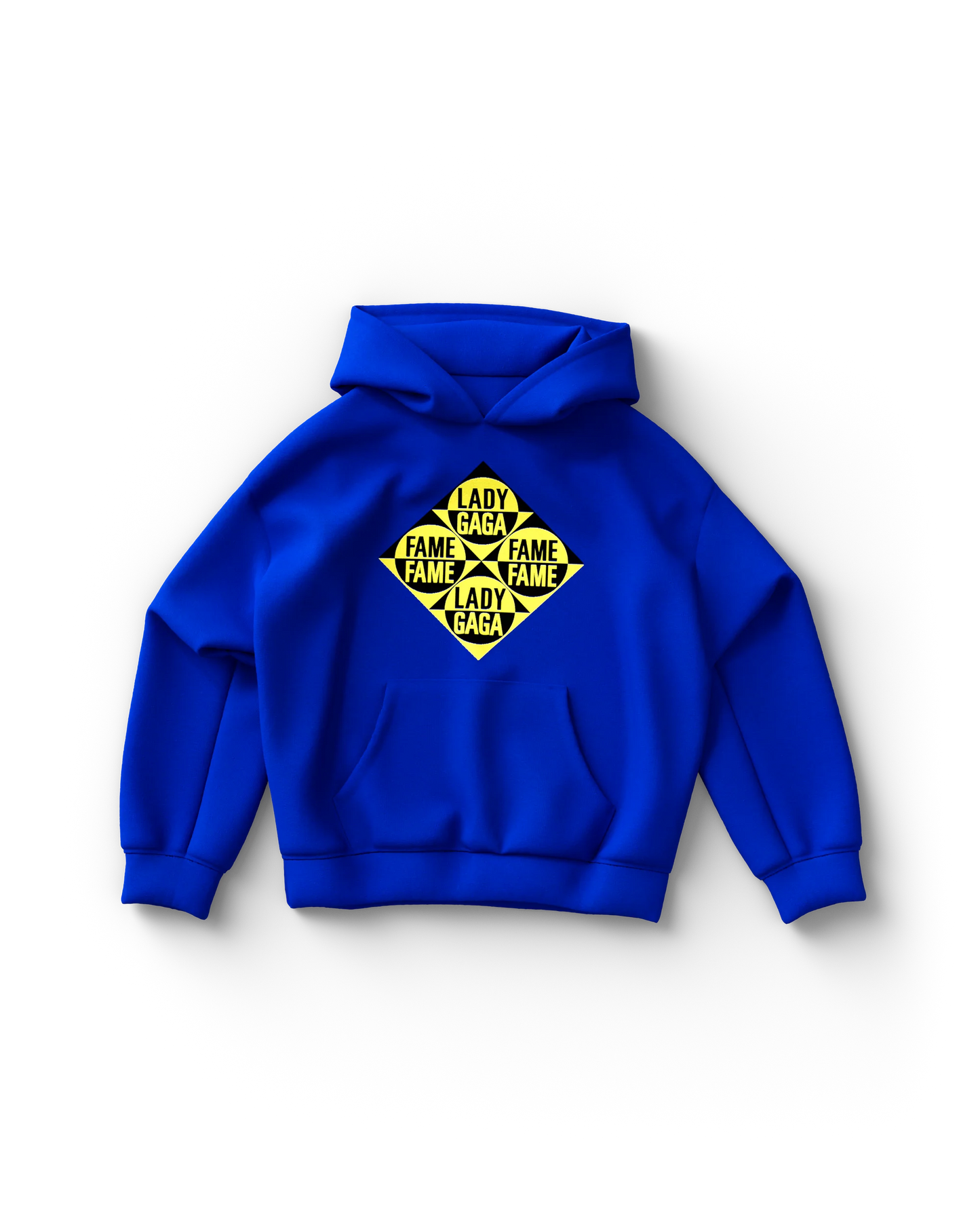 Electric blue Lady Gaga hoodie with yellow hazard-style “The Fame” logo on chest