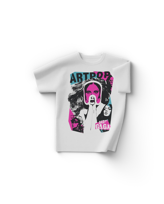 white Lady Gaga t-shirt with ARTPOP collage graphic in pink, blue, and black featuring multiple Gaga portraits