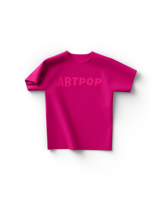 Hot pink Lady Gaga t-shirt with tonal ARTPOP text across the chest in bold block font