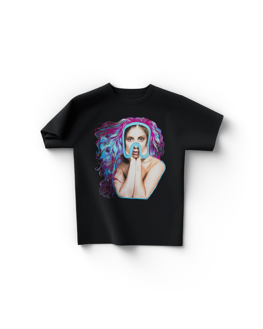 Black Lady Gaga t-shirt with colorful illustrated portrait of Gaga wearing ARTPOP mask and multicolored hair