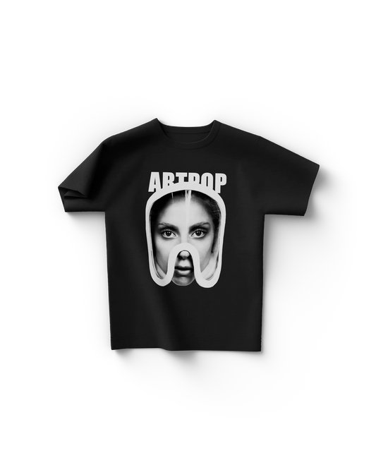 black Lady Gaga t-shirt featuring ARTPOP mask design with Gaga’s eyes and face in white bold outline