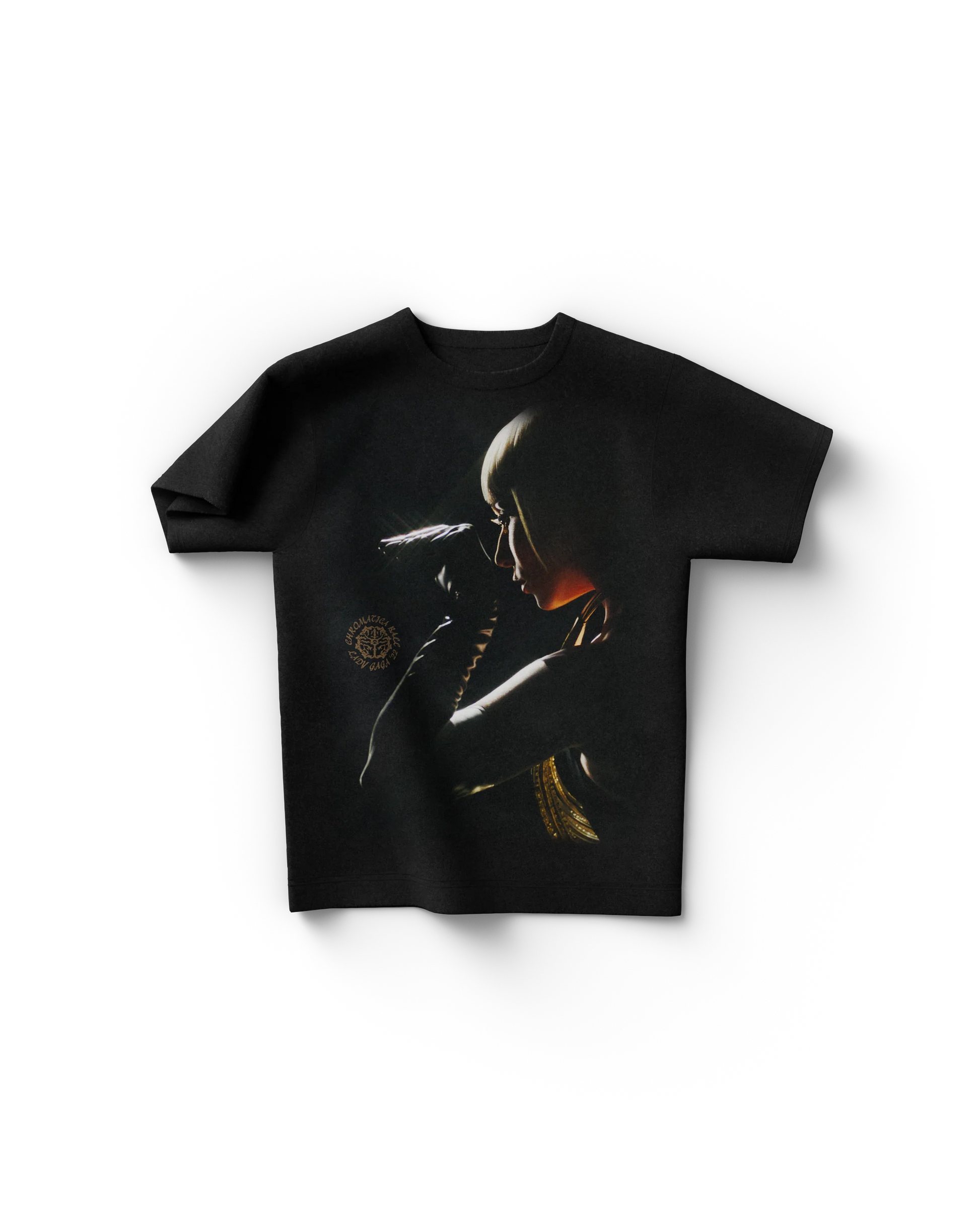 "Lady Gaga Babble On Chromatica Ball black T-shirt with dramatic side-profile graphic and tour emblem in gold lighting"