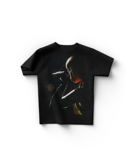 "Lady Gaga Babble On Chromatica Ball black T-shirt with dramatic side-profile graphic and tour emblem in gold lighting"