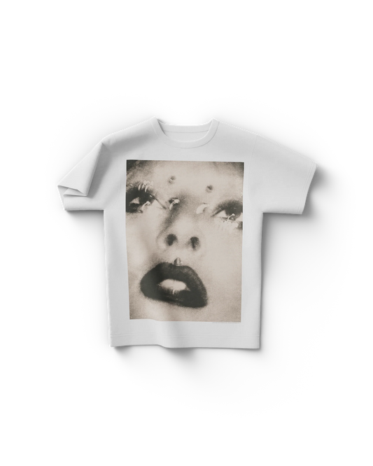 White Lady Gaga t-shirt with large black-and-white close-up of Gaga’s face featuring dramatic eyes and lips