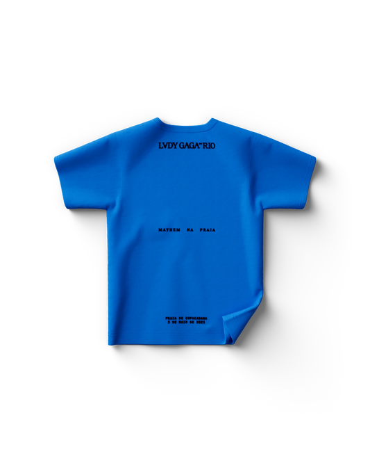 Back of blue Gaga t-shirt with LVDY GAGA RIO text and Copacabana concert date and location details