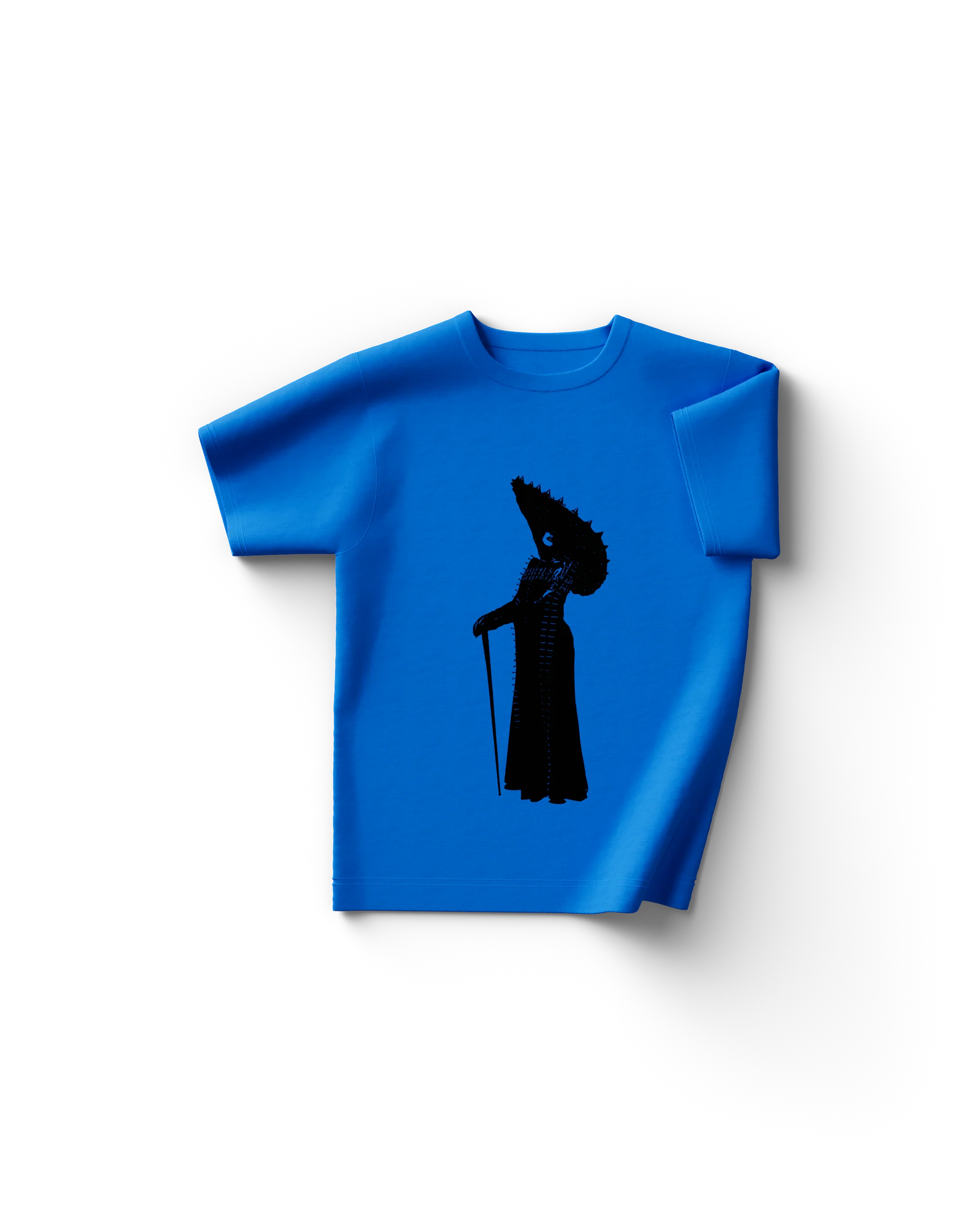 Bright blue Lady Gaga t-shirt with black silhouette of Gaga in spiked headpiece and gown holding cane