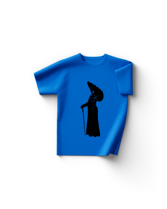 Bright blue Lady Gaga t-shirt with black silhouette of Gaga in spiked headpiece and gown holding cane
