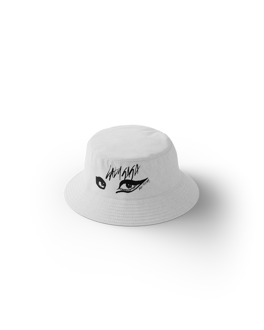 white Lady Gaga bucket hat with Born This Way eye graphic and black handwritten Lady Gaga logo

