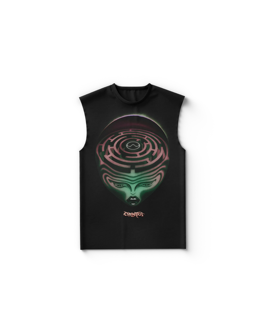 Black sleeveless Lady Gaga tank top with alien green face and pink maze brain graphic from Chromatica collection