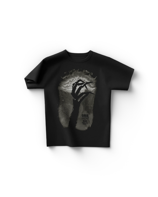 Black Lady Gaga t-shirt with eerie hand silhouette reaching toward light, Chromatica Ball tour text below