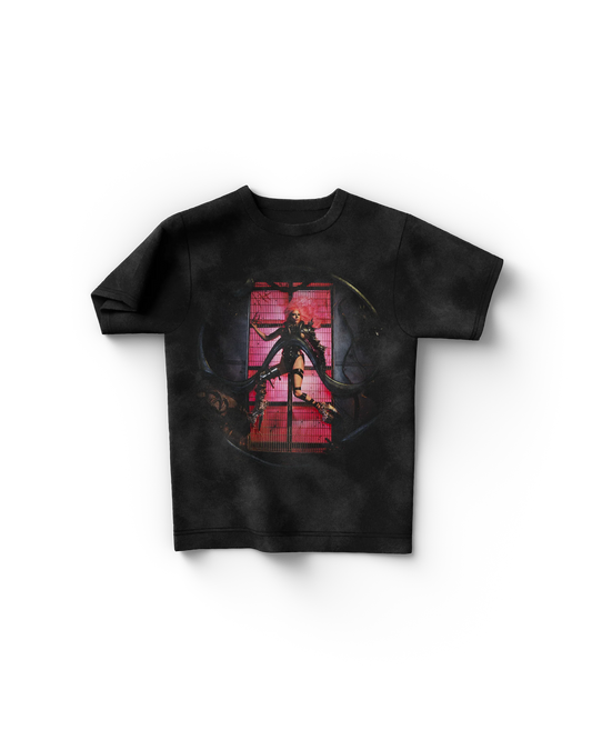 Lady Gaga Chromatica cover t-shirt with full-body photo in sci-fi armor against pink gate on black tie-dye background

