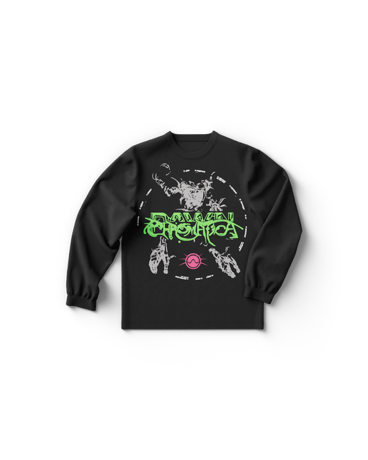 Black long sleeve Lady Gaga t-shirt with neon green Dawn of Chromatica logo, skeletal graphics, and futuristic pink symbols