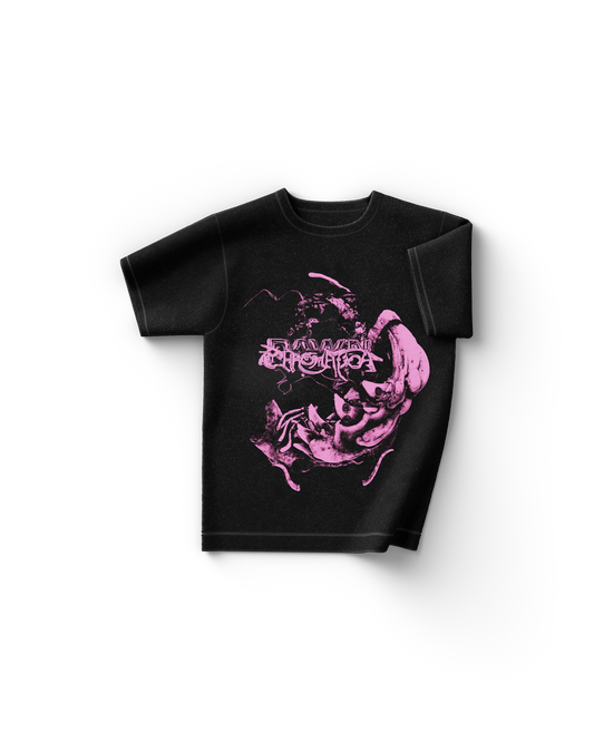 Black Lady Gaga t-shirt with pink distorted figure and glitch-style Dawn of Chromatica logo on chest