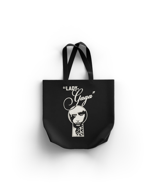 black Lady Gaga tote bag featuring vintage-style keyhole portrait with elegant "Lady Gaga" text