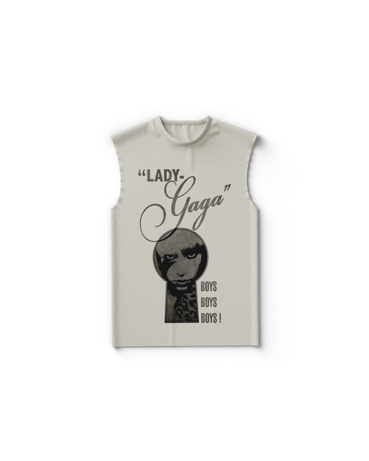 Cream Lady Gaga tank top with keyhole cutout graphic of Gaga’s face and “Boys Boys Boys!” text