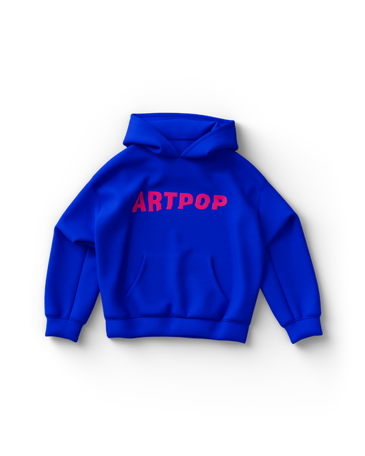 Royal blue Lady Gaga ARTPOP hoodie with hot pink ARTPOP text in bold gel ink style