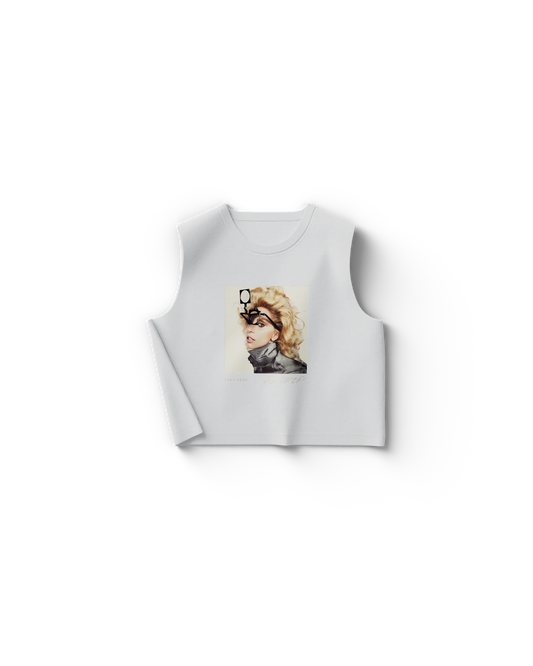 White Lady Gaga ARTPOP cropped tank top with color portrait of Gaga in sculptural black glasses and updo

