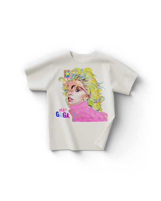 Cream Lady Gaga ARTPOP t-shirt with colorful illustrated portrait of Gaga in geometric glasses and pink jacket


