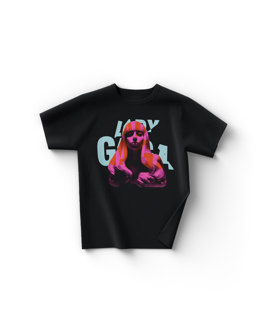 Black Lady Gaga ARTPOP t-shirt with warped pink Gaga portrait and large blue Lady Gaga text