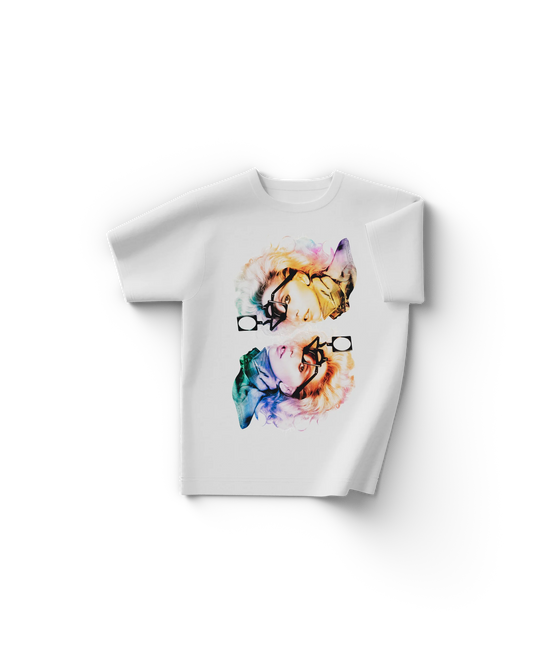 White Lady Gaga ARTPOP t-shirt with mirrored rainbow reflection portraits in vibrant abstract colors

