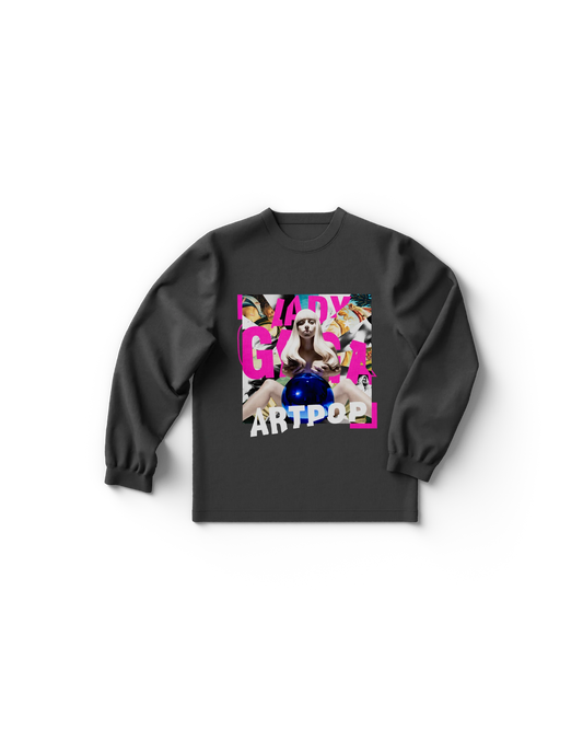 Black Lady Gaga ARTPOP long sleeve shirt with full album cover featuring Gaga and blue gazing ball sculpture