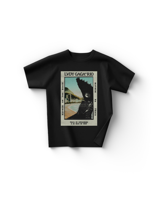Black Lady Gaga Rio poster t-shirt featuring vintage Copacabana beach scene and Gaga in black spiked headpiece