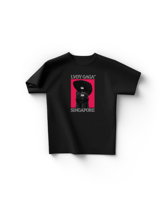 Black Lady Gaga Singapore t-shirt with red poster graphic featuring Gaga in spiked black outfit and oversized hat