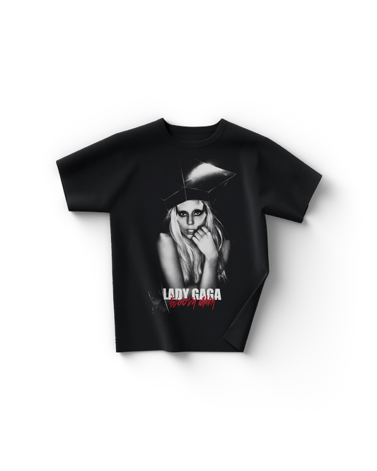 Black Lady Gaga Bloody Mary t-shirt with black and white Gaga portrait and red Bloody Mary text graphic

