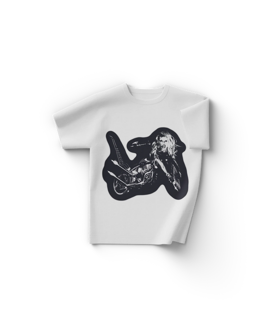 White Lady Gaga t-shirt featuring a black graphic of Gaga fused with a motorcycle in a bold, silhouette-style print — referencing the Born This Way album cover art.

