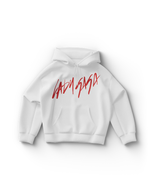White Lady Gaga hoodie with large handwritten red script reading “LADY GAGA” across the chest. Minimal yet powerful, this design nods to Gaga’s Born This Way era in a sleek, bold statement.

