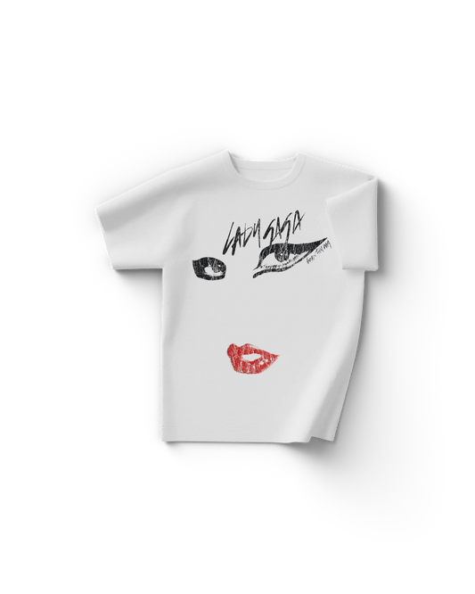 White Lady Gaga Born This Way t-shirt with stylized black eye graphics, red lips, and handwritten Gaga logo