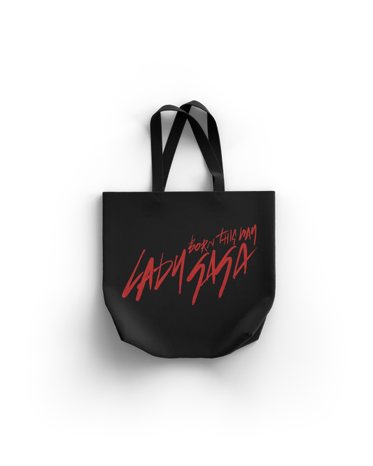 Black Lady Gaga Born This Way tote bag with red handwritten script logo design

