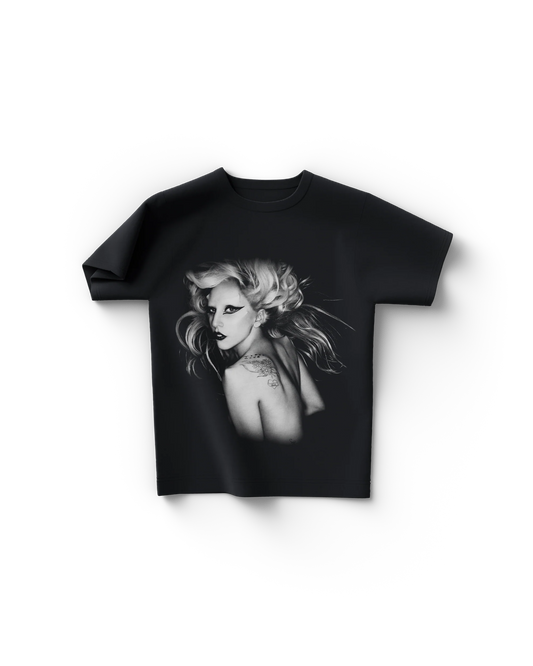 Black Lady Gaga Born This Way t-shirt with grayscale portrait of Gaga looking over shoulder with styled hair
