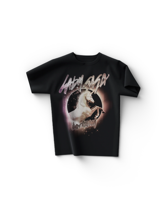 Black Lady Gaga Born This Way t-shirt with glowing white unicorn graphic and retro metallic text design