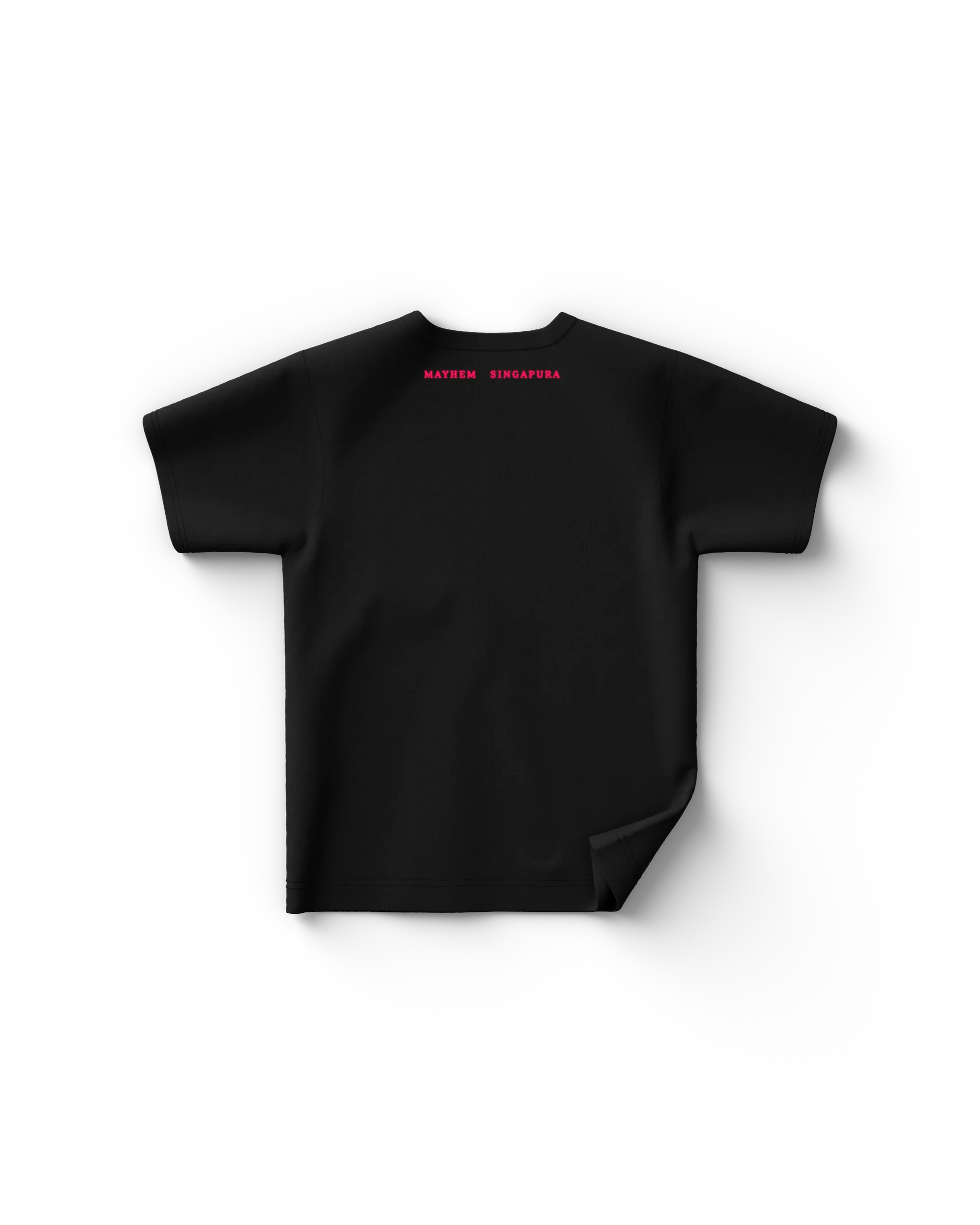 Back of black Lady Gaga t-shirt with “MAYHEM SINGAPURA” text in small uppercase pink lettering across the upper back. A minimal but powerful nod to the Singapore leg of the tour.

