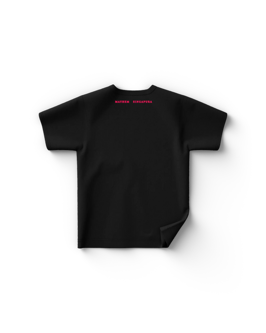 Back of black Lady Gaga t-shirt with “MAYHEM SINGAPURA” text in small uppercase pink lettering across the upper back. A minimal but powerful nod to the Singapore leg of the tour.


