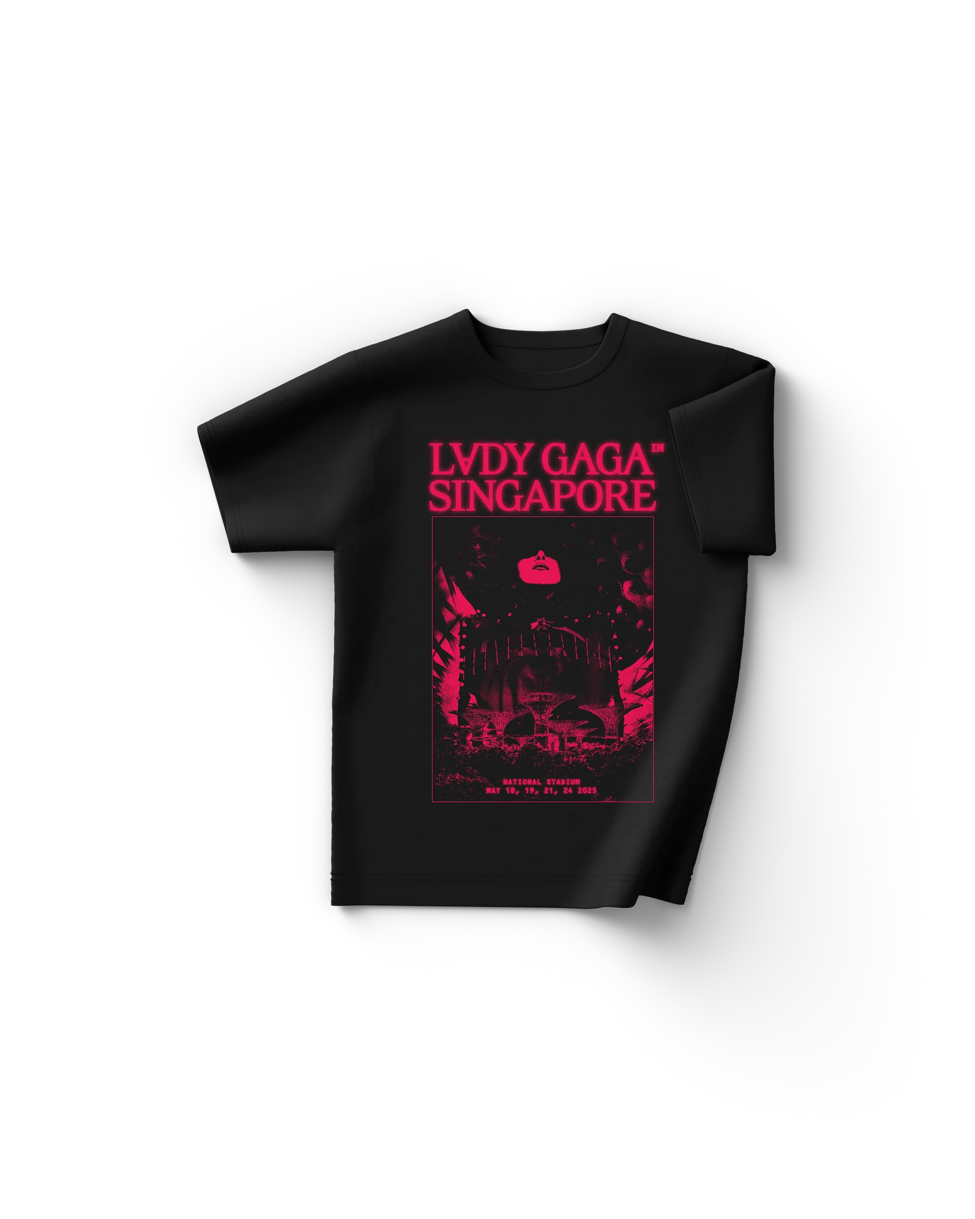 Black Lady Gaga t-shirt featuring red-magenta concert artwork with Gaga’s face above Singapore’s National Stadium, and “LADY GAGA™ SINGAPORE” text at the top. Includes 2025 tour dates at the bottom in the same hot pink tone.

